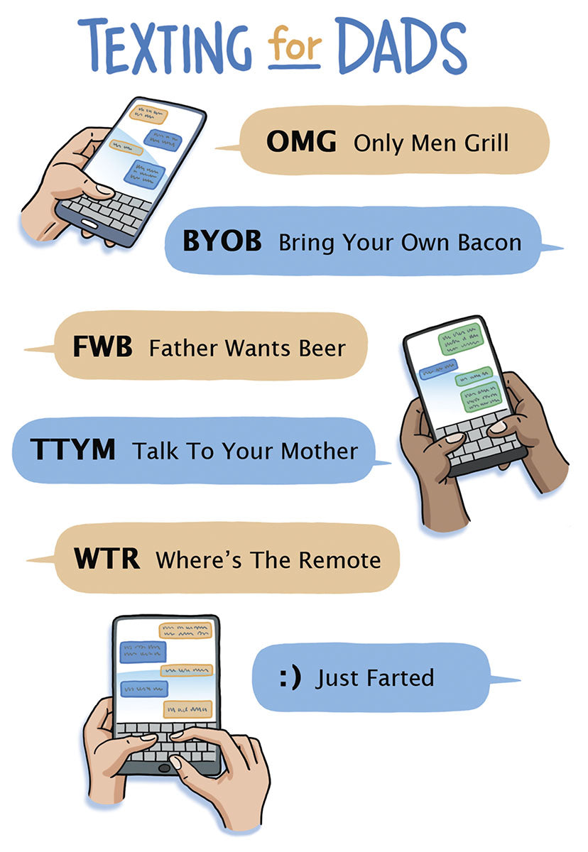Front of a funny Father's Day greeting card showing cartoon hands texting humorous dad-themed acronyms like 'Only Men Grill'.