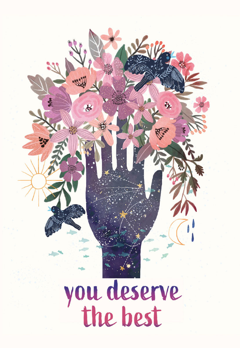 Front of a Mia Charro 'You Deserve the Best' card, featuring a starry hand adorned with a bouquet of colorful flowers.