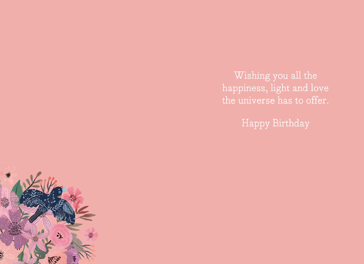 Inside of a Mia Charro 'You Deserve the Best' card, with a pink background and a heartfelt birthday message.