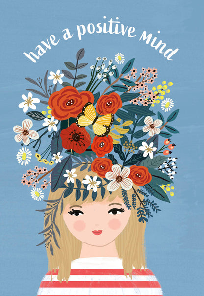 Front of a Mia Charro 'Have a Positive Mind' card, illustrating a woman with a magnificent floral and butterfly headdress.