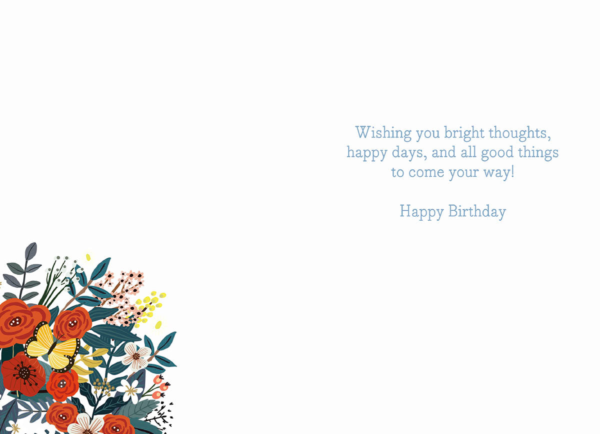 Inside of a Mia Charro 'Have a Positive Mind' card, with a light background and a wish for bright, happy days.