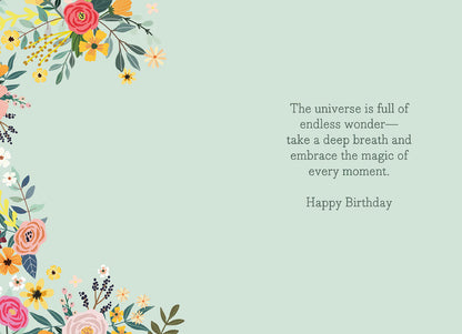 Inside of a Mia Charro 'Carpe Diem' card, with a mint green background and an encouraging message about wonder.