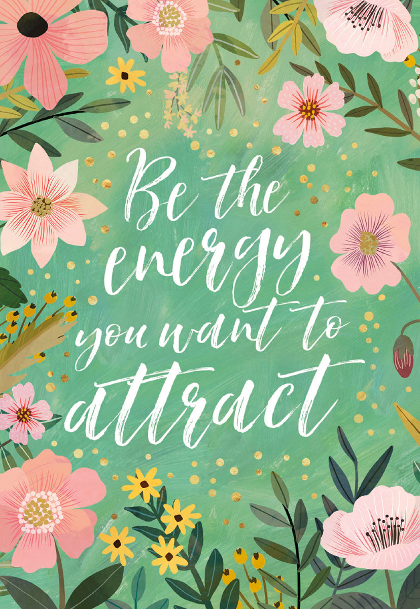 Front of a Mia Charro 'Be the Energy' card, with vibrant pink flowers and golden dots on a teal background.