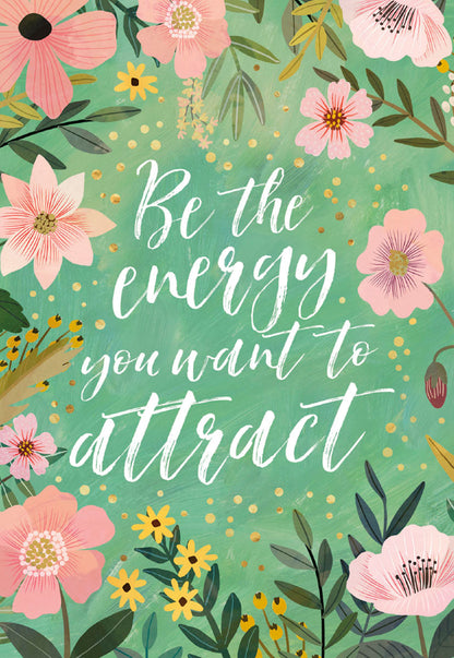 Front of a Mia Charro 'Be the Energy' card, with vibrant pink flowers and golden dots on a teal background.