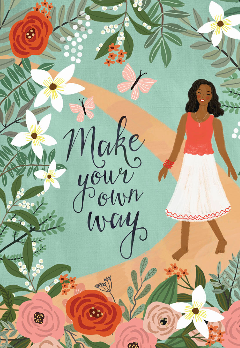 Front of a Mia Charro 'Make Your Own Way' card, featuring a woman on a path surrounded by vibrant flowers and butterflies.