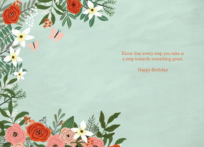 Inside of a Mia Charro 'Make Your Own Way' card, with a light teal background and an inspiring message.