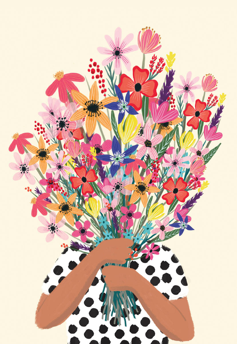 Front of a Mia Charro card showing arms holding a large, colorful bouquet of flowers.