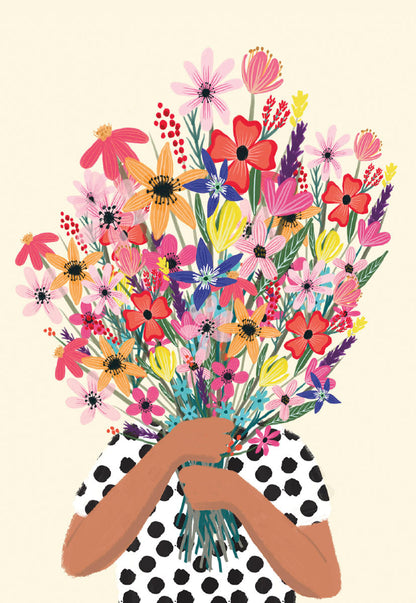 Front of a Mia Charro card showing arms holding a large, colorful bouquet of flowers.