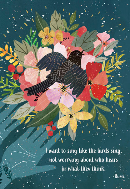 Front of a Mia Charro 'I Want To Sing' card, with a bird atop colorful flowers, quoting Rumi.