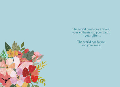 Inside of a Mia Charro 'I Want To Sing' card, with a light blue background and a message about your voice and song.