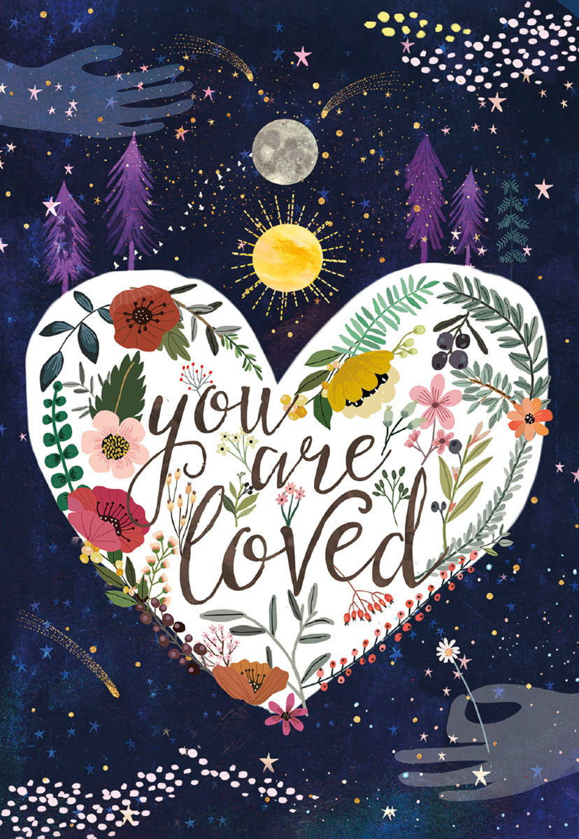 Front of a Mia Charro 'You Are Loved' card, featuring a heart-shaped floral design under a moon and stars.