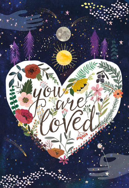Front of a Mia Charro 'You Are Loved' card, featuring a heart-shaped floral design under a moon and stars.