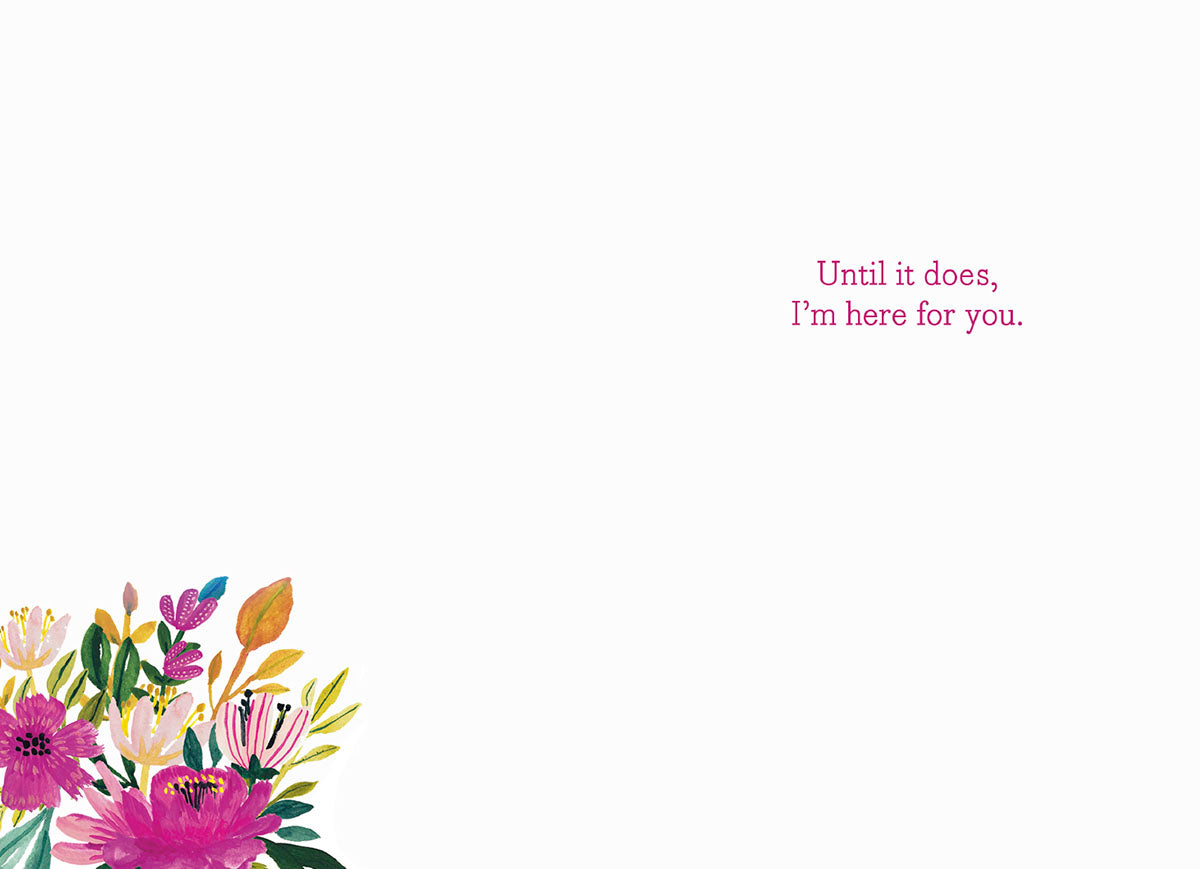 Inside of a Mia Charro 'This Too Shall Pass' card, with a white background and a message of support.