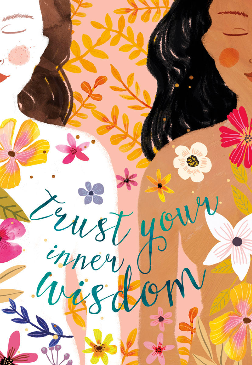 Front of a Mia Charro 'Trust Your Inner Wisdom' card, illustrating two women amidst a colorful floral design.