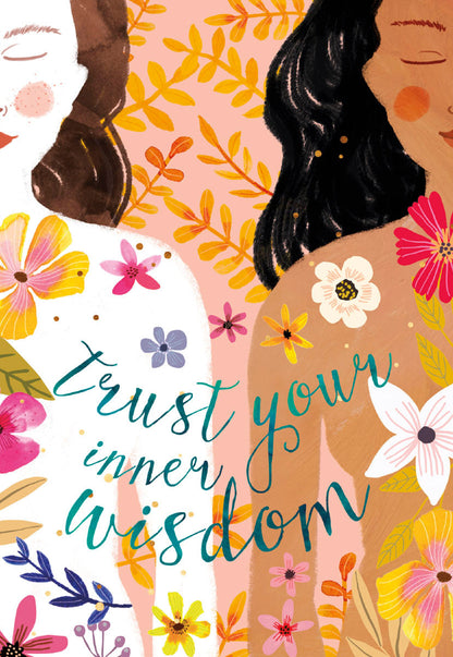 Front of a Mia Charro 'Trust Your Inner Wisdom' card, illustrating two women amidst a colorful floral design.