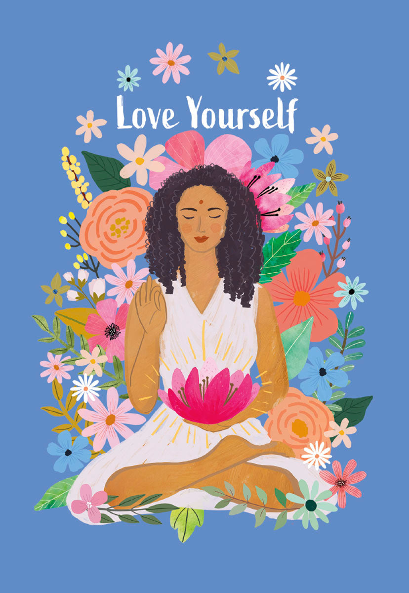 Front of a Mia Charro 'Love Yourself' card, depicting a woman meditating surrounded by a profusion of flowers.