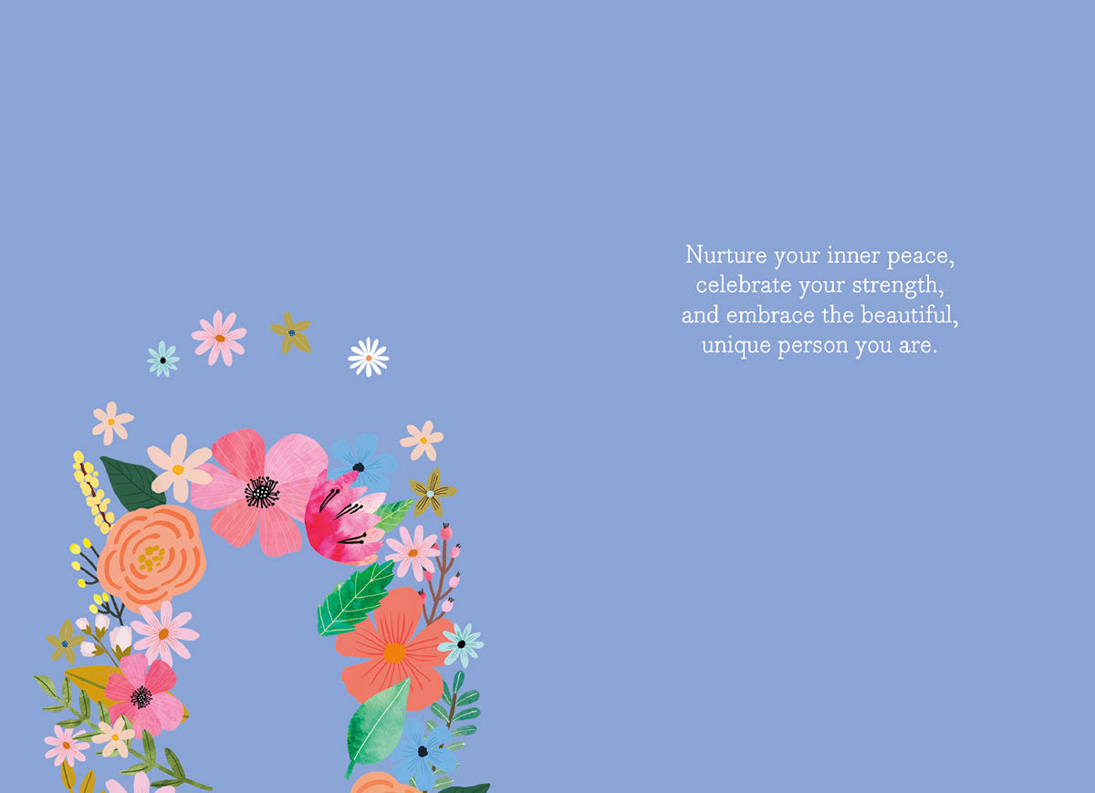 Inside of a Mia Charro 'Love Yourself' card, with a blue background and a message on nurturing peace and strength.