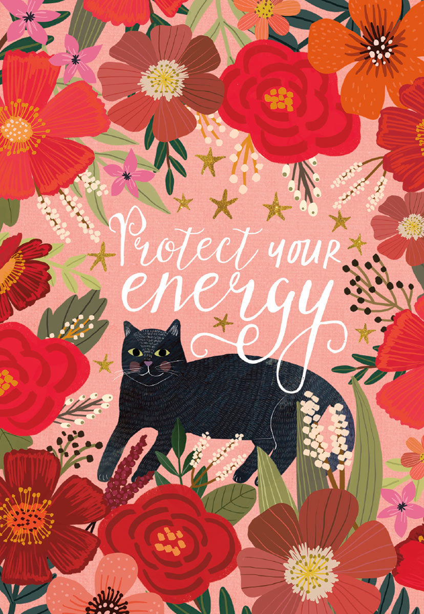 Front of a Mia Charro 'Protect Your Energy' card, with a black cat nestled among rich red and pink flowers.