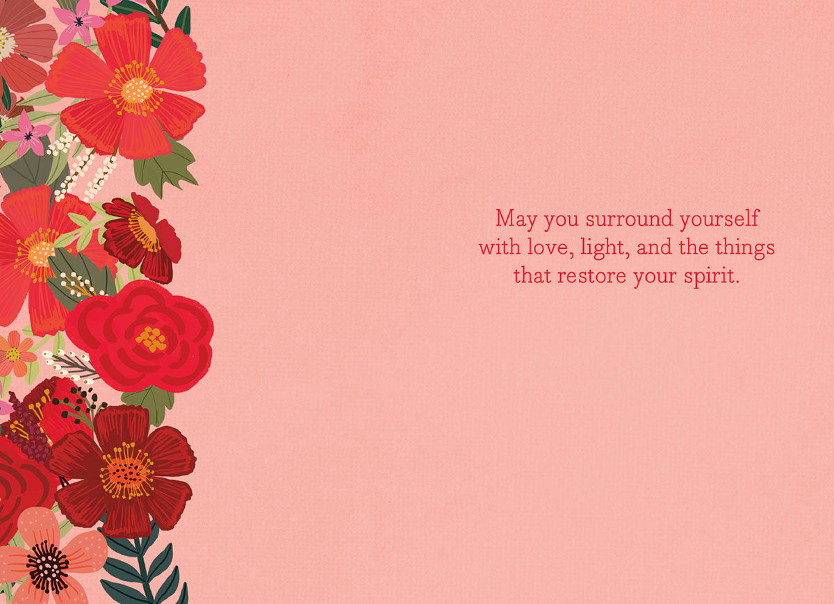 Inside of a Mia Charro 'Protect Your Energy' card, with a pink background and a message about surrounding oneself with love.