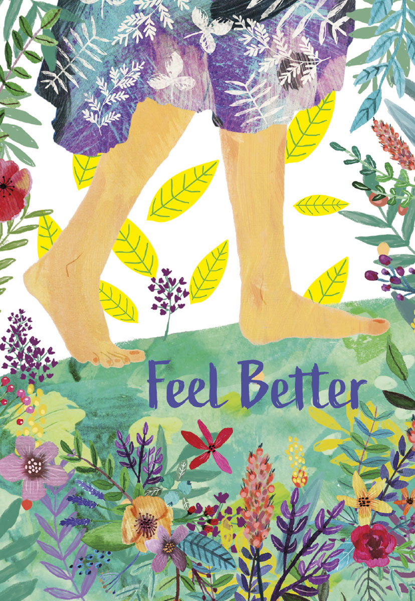Front of a Mia Charro 'Feel Better' card, showing bare feet walking through a vibrant, lush garden.