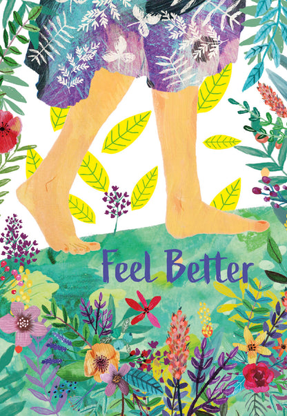 Front of a Mia Charro 'Feel Better' card, showing bare feet walking through a vibrant, lush garden.