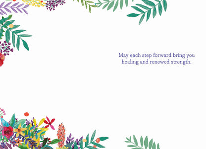 Inside of a Mia Charro 'Feel Better' card, with a white background and a message of healing and renewed strength.