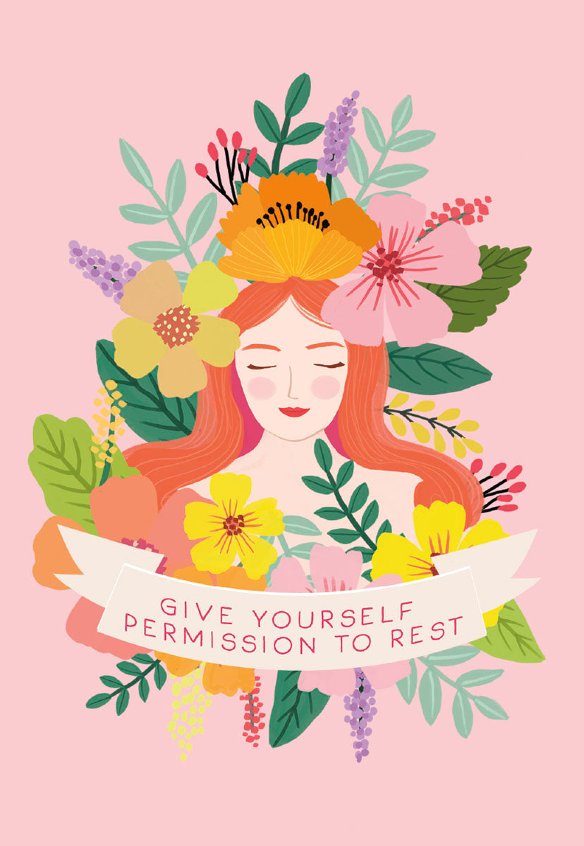 Front of a Mia Charro 'Give Yourself Permission To Rest' card, featuring a woman with a floral headdress.