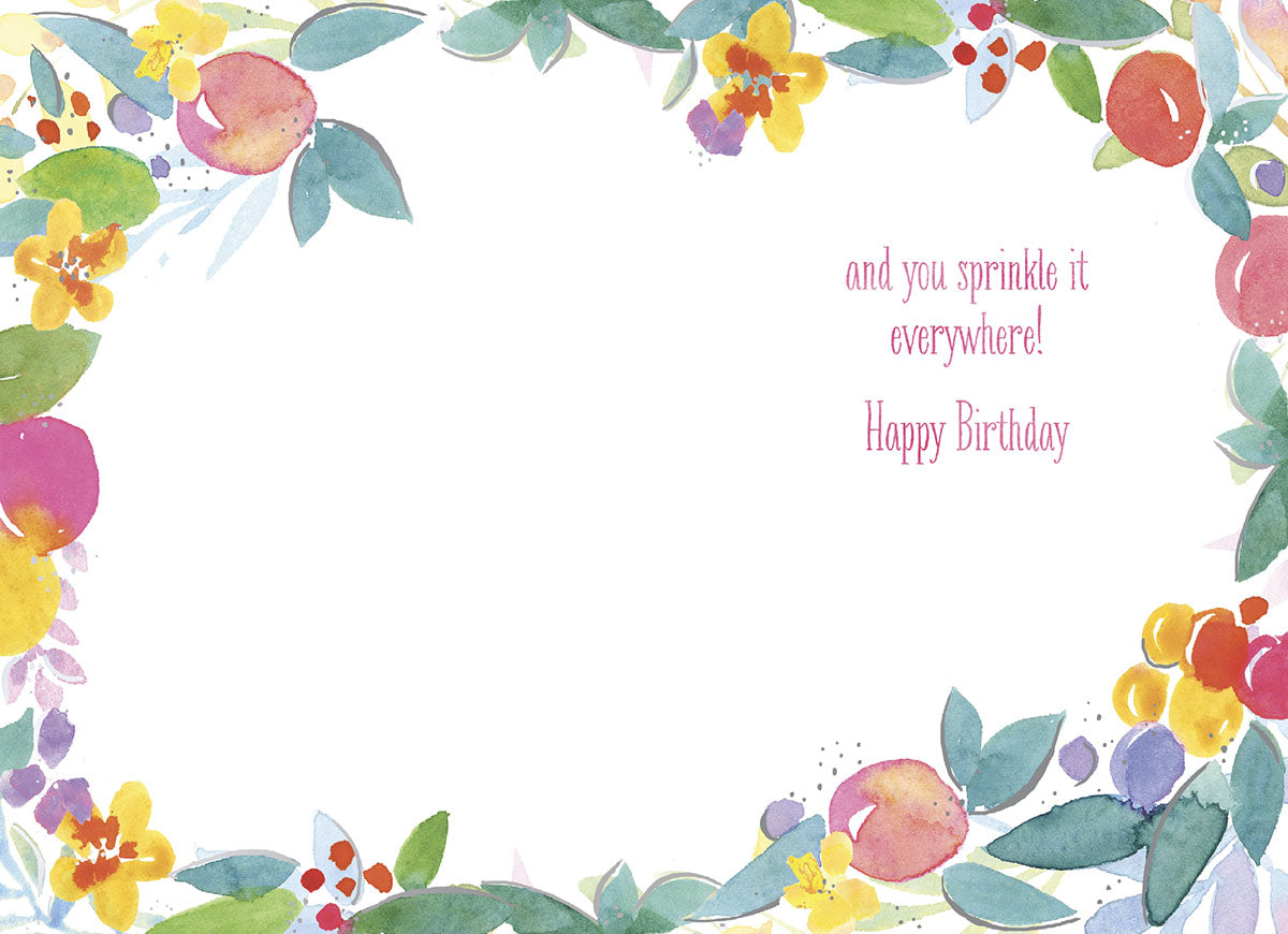 Inside of the 'Kindness and Grace' card, stating 'and you sprinkle it everywhere! Happy Birthday' with watercolor borders.
