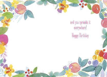 Inside of the 'Kindness and Grace' card, stating 'and you sprinkle it everywhere! Happy Birthday' with watercolor borders.