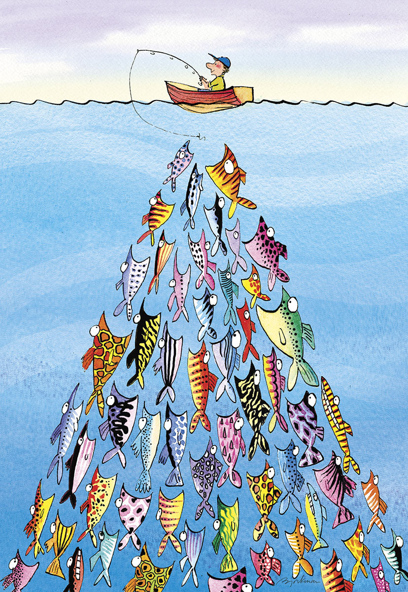 Front of a unique birthday card depicting a person fishing from a boat with a pyramid of colorful fish beneath.