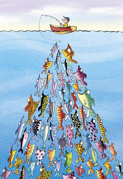 Front of a unique birthday card depicting a person fishing from a boat with a pyramid of colorful fish beneath.