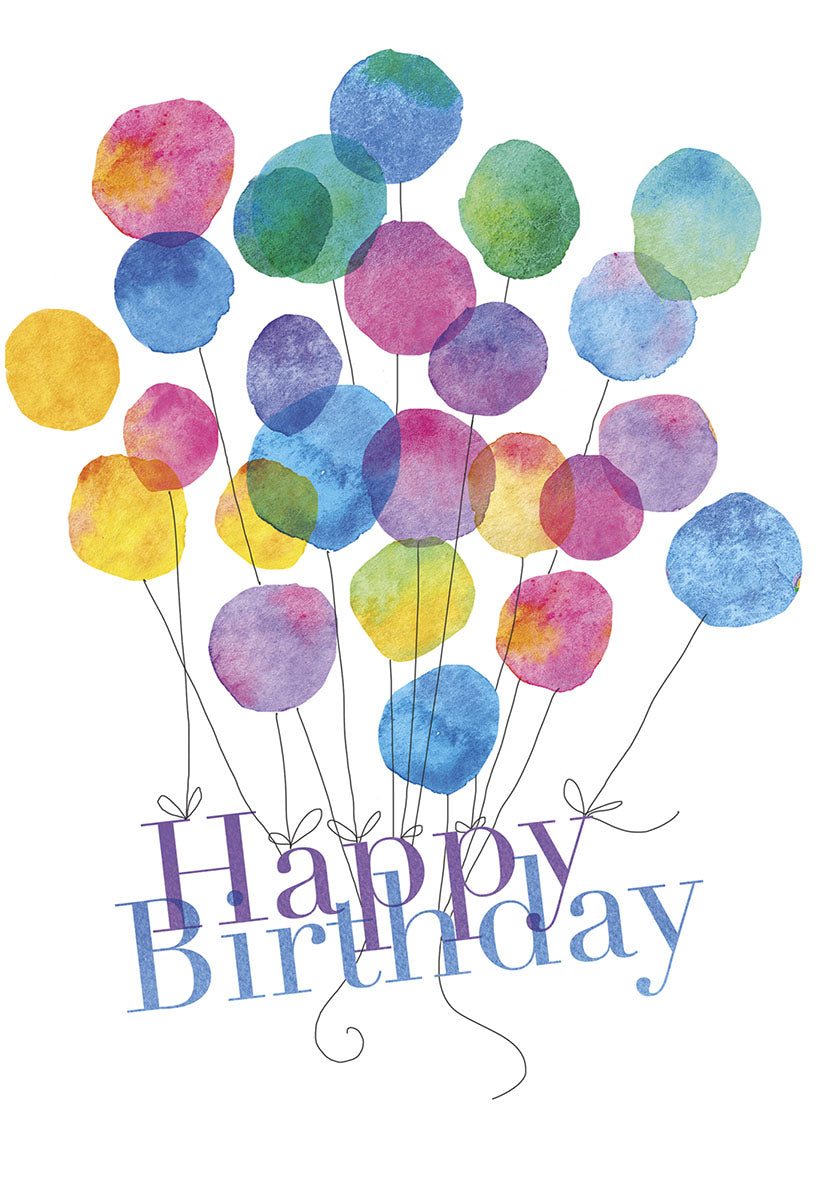 Front of a cheerful birthday card with 'Happy Birthday' text in bold, beneath a cluster of colorful watercolor balloons.