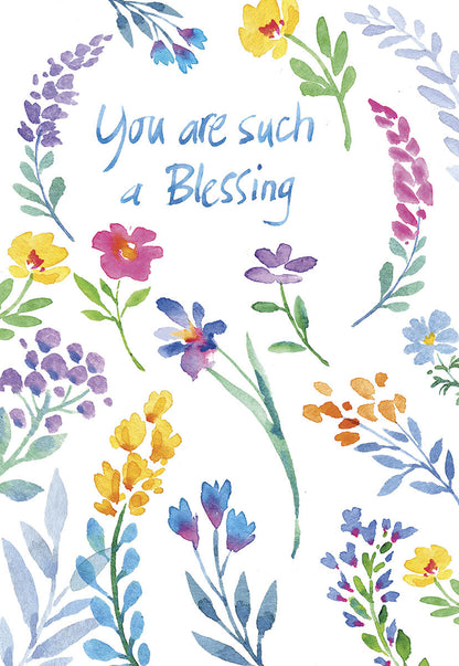 Front of a heartfelt card, 'You are such a Blessing,' surrounded by delicate watercolor flowers in shades of purple, blue, and yellow.