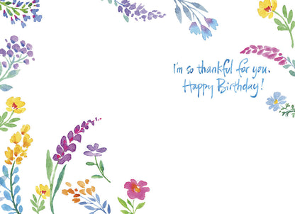 Inside of the 'Blessing' card, expressing gratitude: 'I'm so thankful for you. Happy Birthday!' with floral details.
