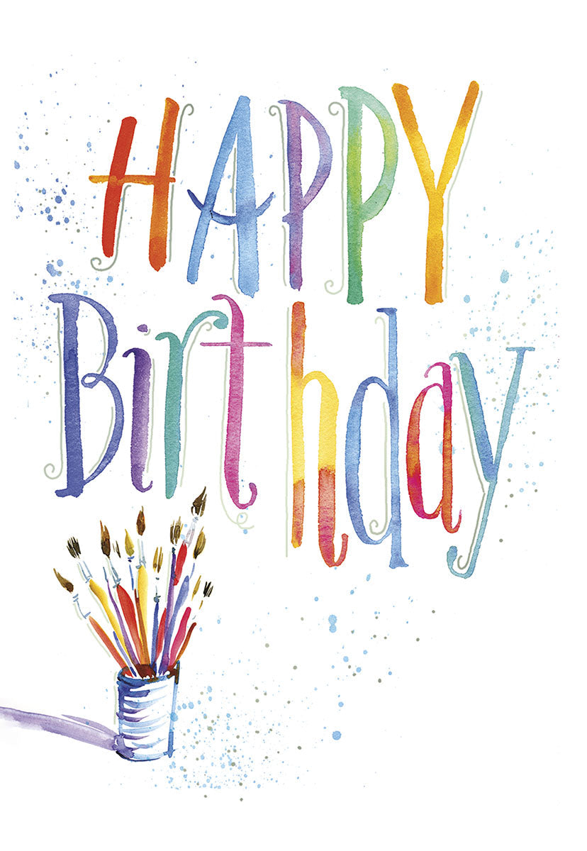 Front of a vibrant 'Happy Birthday' card, designed with colorful paint splatters and a collection of artists' brushes.