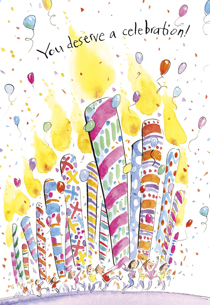 Front of an uplifting birthday card, 'You deserve a celebration!' featuring an array of festive, patterned candles.