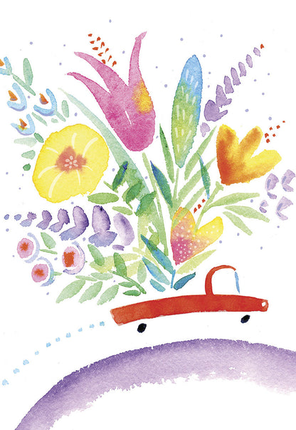 Front of a charming card featuring a small red car driving over a rainbow, carrying a large bouquet of colorful watercolor flowers.