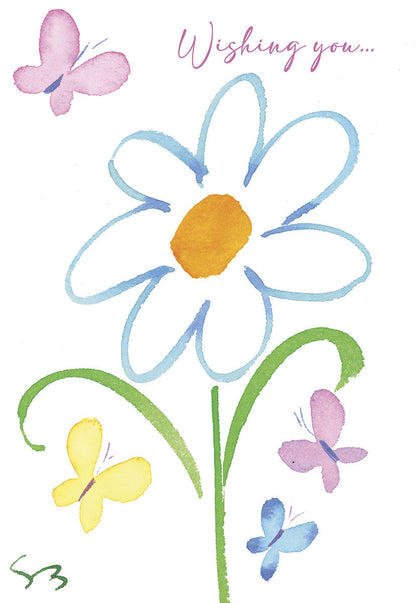 Front of a gentle 'Wishing you...' card with a prominent watercolor daisy and several colorful butterflies fluttering around.