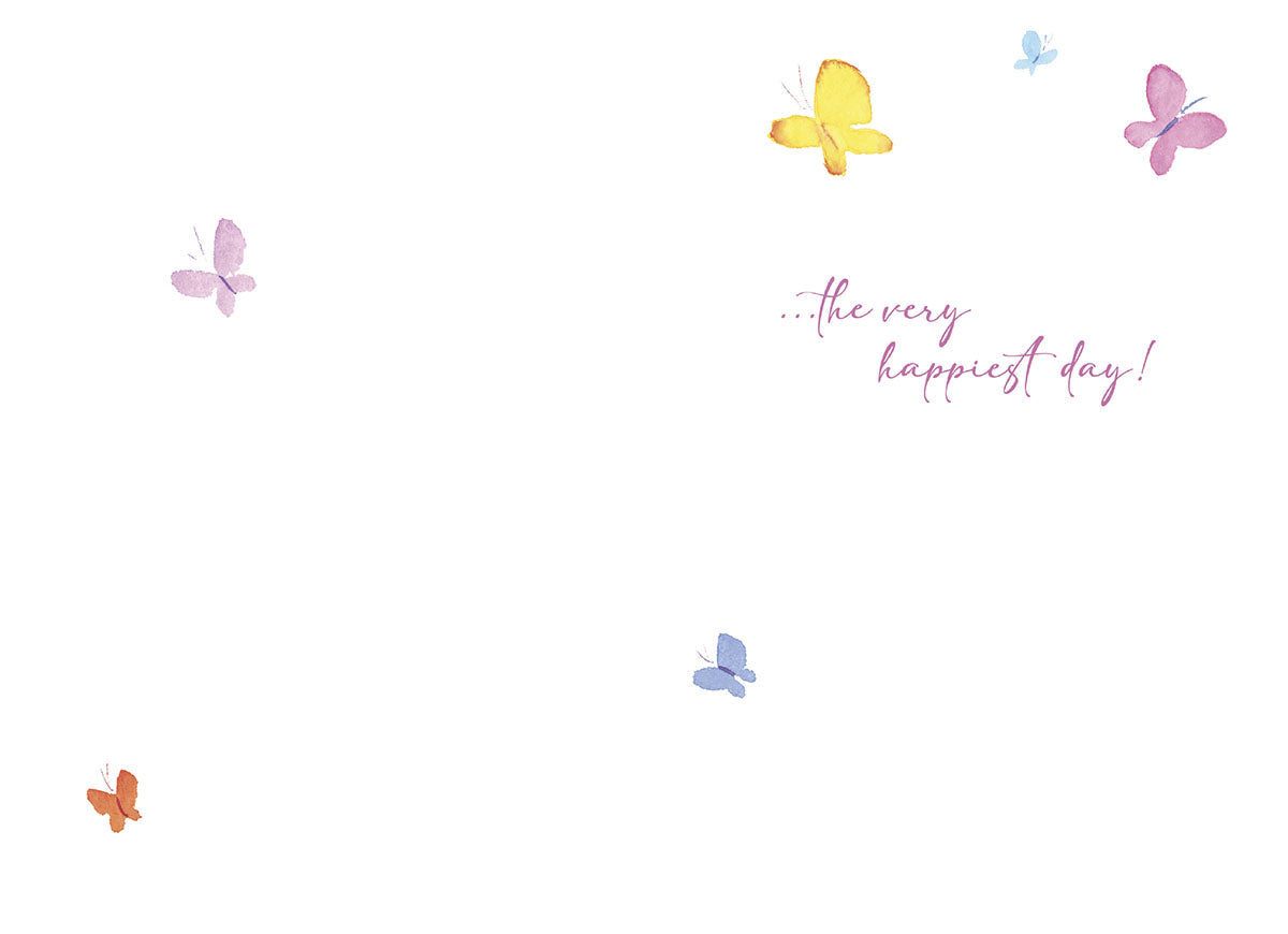 Inside of the daisy and butterfly card, completing the wish: '...the very happiest day!'
