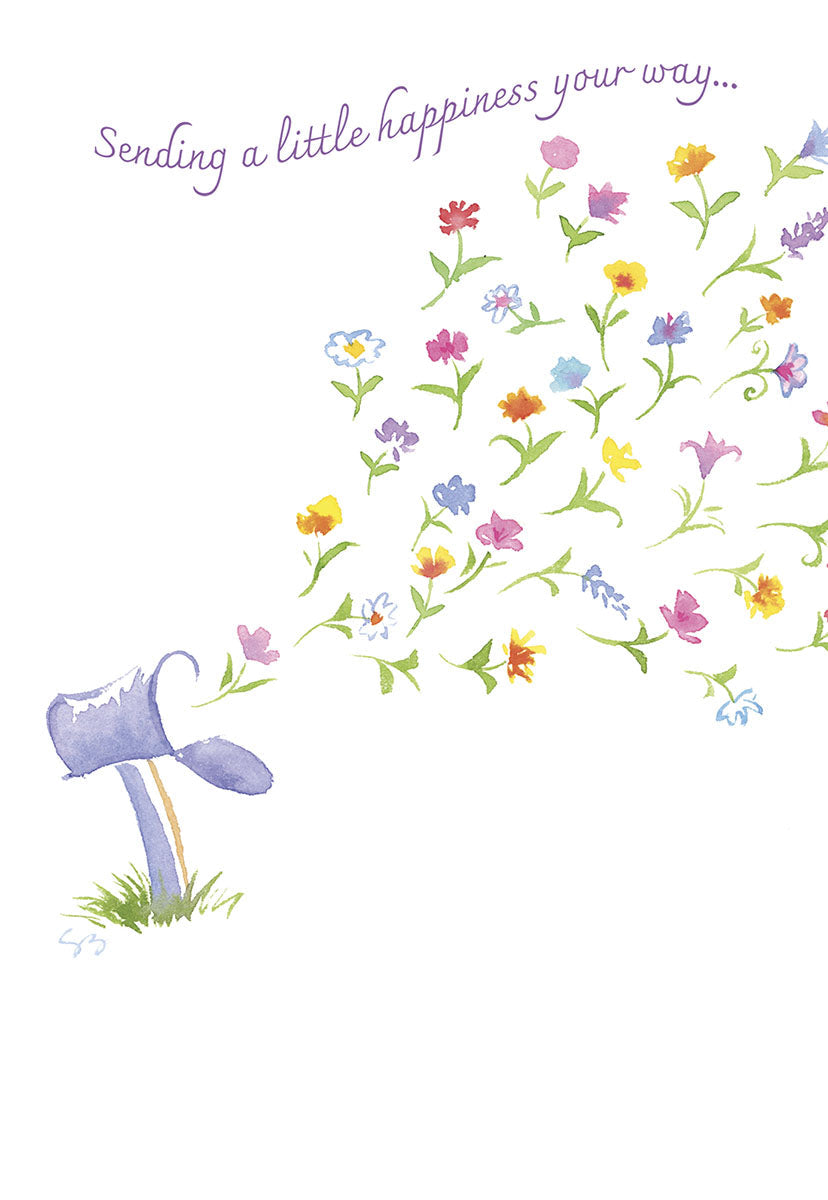 Front of a cheerful card, 'Sending a little happiness your way,' with a mailbox from which colorful flowers are flowing.