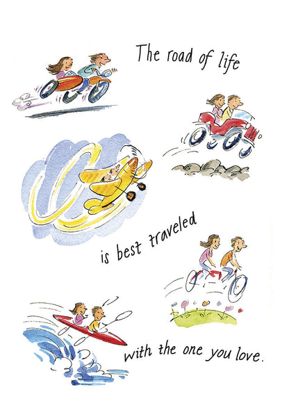 Front of a romantic anniversary card: 'The road of life is best traveled with the one you love,' showing couples in various vehicles.