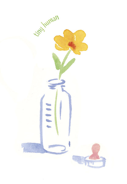 Front of a charming baby congratulations card, featuring a single yellow flower in a baby bottle, with 'tiny human' text.