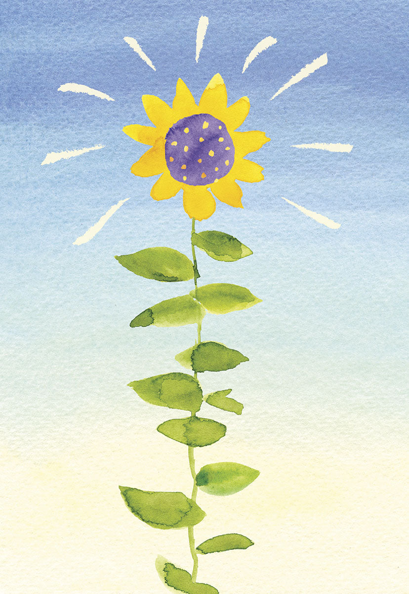 Front of a bright card, depicting a tall, vibrant watercolor sunflower reaching towards a radiant sky with sunrays.