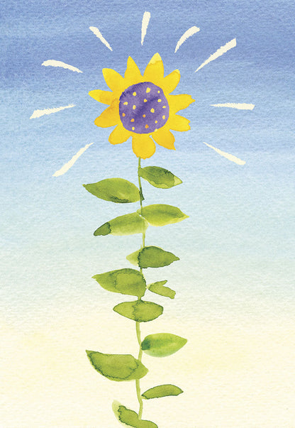 Front of a bright card, depicting a tall, vibrant watercolor sunflower reaching towards a radiant sky with sunrays.
