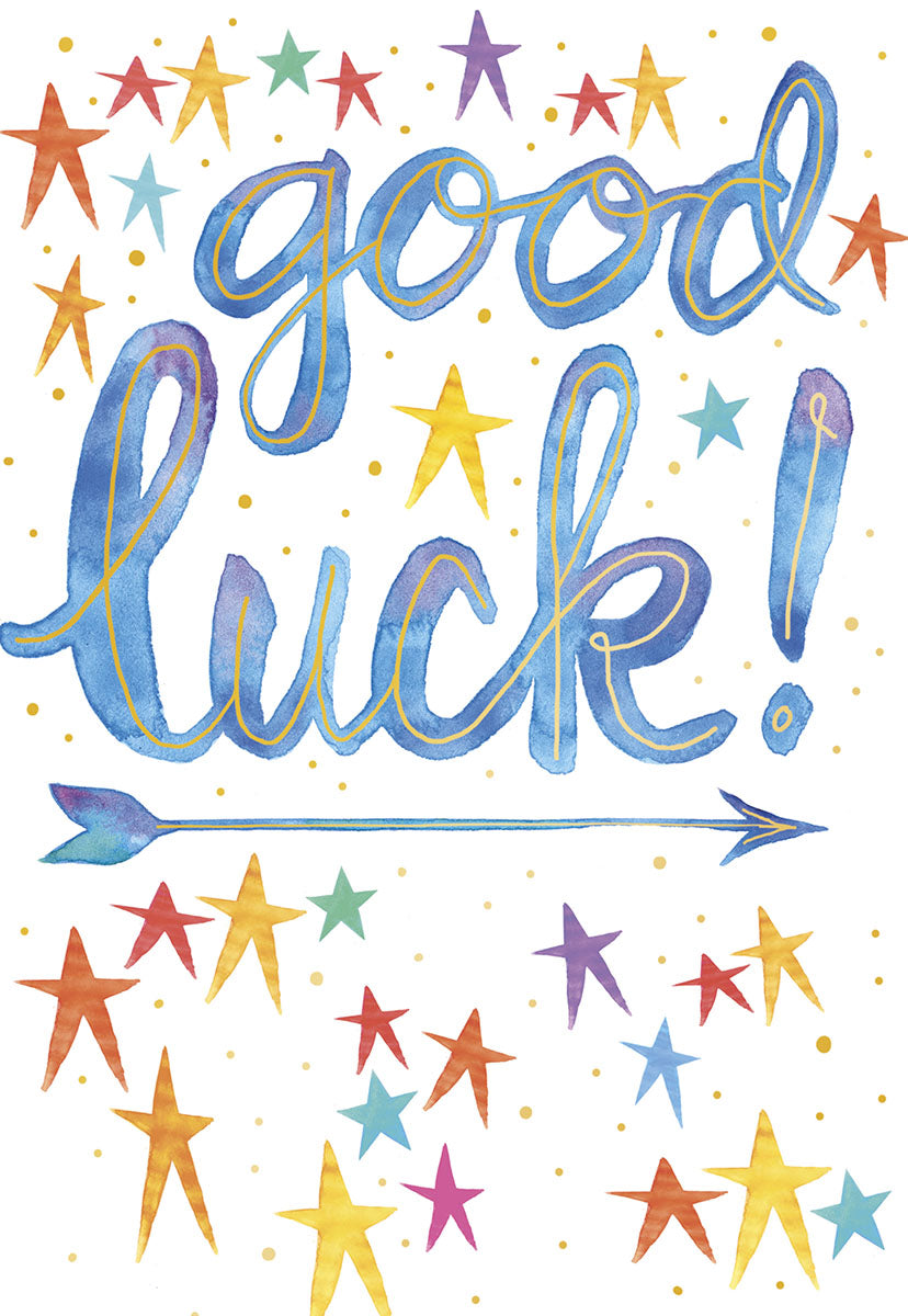 Front of a lively 'Good Luck!' card, adorned with an arrow and numerous colorful stars in a watercolor style.