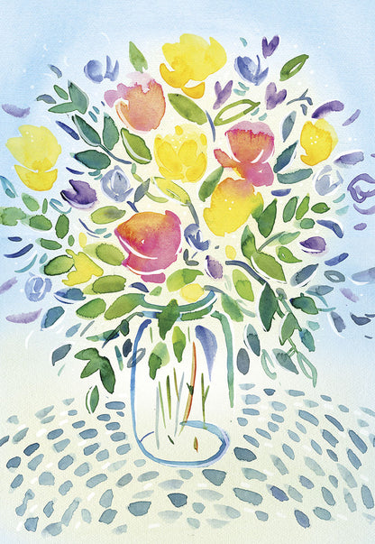Front of a beautiful thinking of you card, featuring a lush watercolor bouquet of colorful flowers in a simple glass vase.