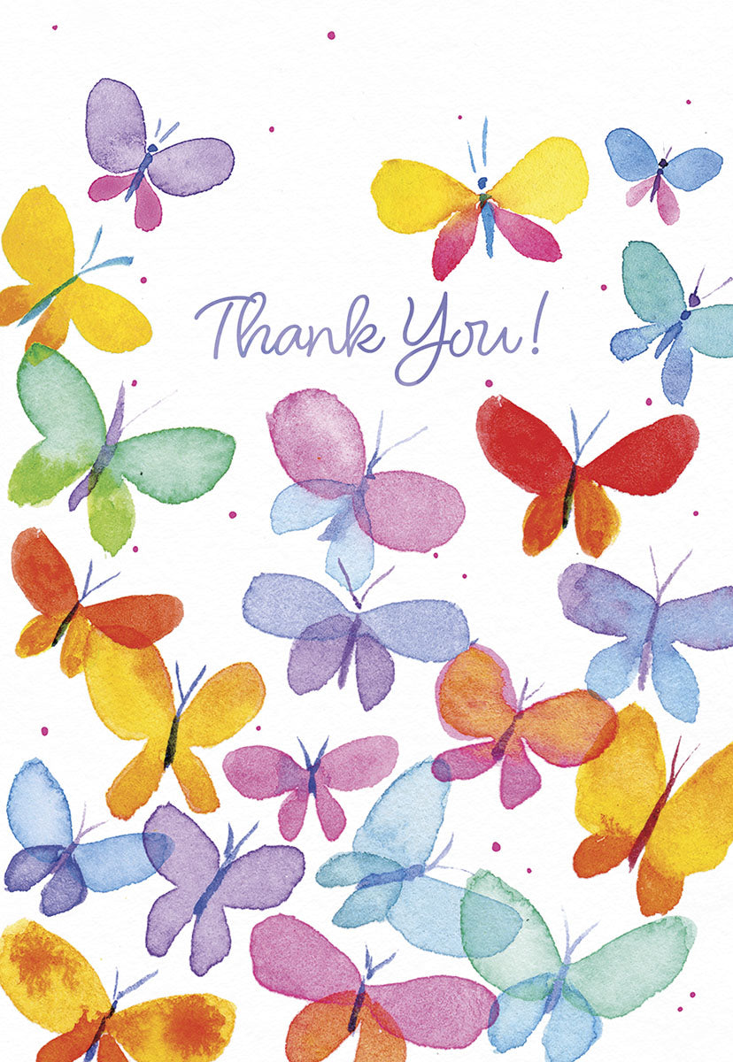 Front of a graceful 'Thank You!' card, with the text surrounded by an abundance of colorful watercolor butterflies.