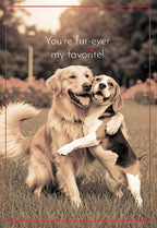 Cute Valentine's Day card featuring a Golden Retriever and a Beagle dog hugging, with the loving pun 'You're fur-ever my favorite!' on a sepia-toned outdoor background. Perfect for pet lovers.