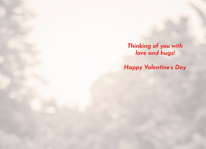 Inside of a greeting card with a bright, blurry background and red text 'Thinking of you with love and hugs! Happy Valentine's Day'.
