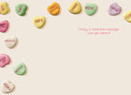 Funny Valentine's Day greeting card design with a border of pastel conversation hearts displaying adult desires, and the central red text 'Finally, a Valentine message I can get behind!' on a light background.